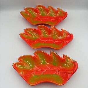 Vintage California Originals Set of 3 Leaf‎ Glazed Orange Green Candy Bowls USA